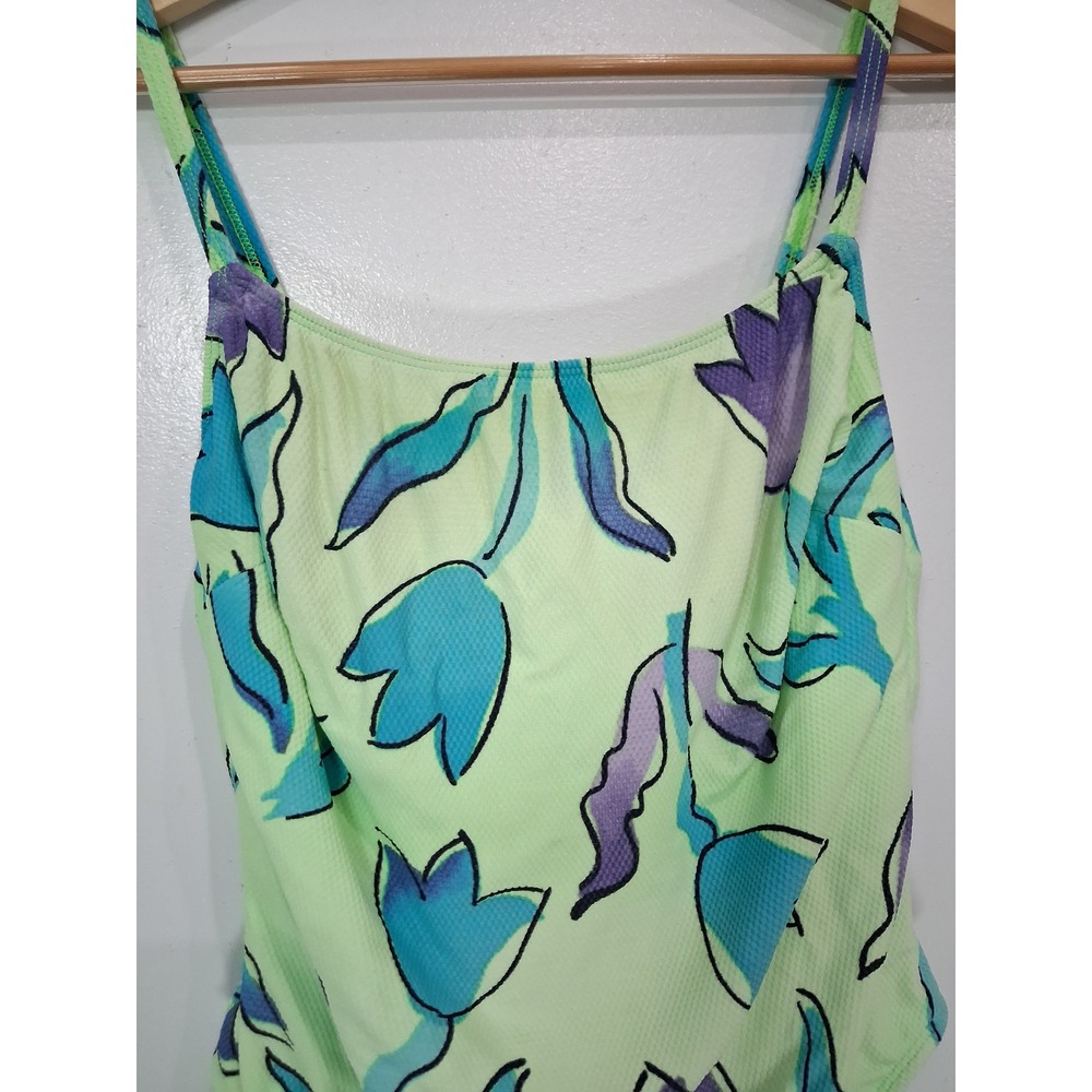 Vintage La Blanca Floral Lace Up One Piece Swimsuit Lime Green Blue Purple Sz 12 - Picture 3 of 8